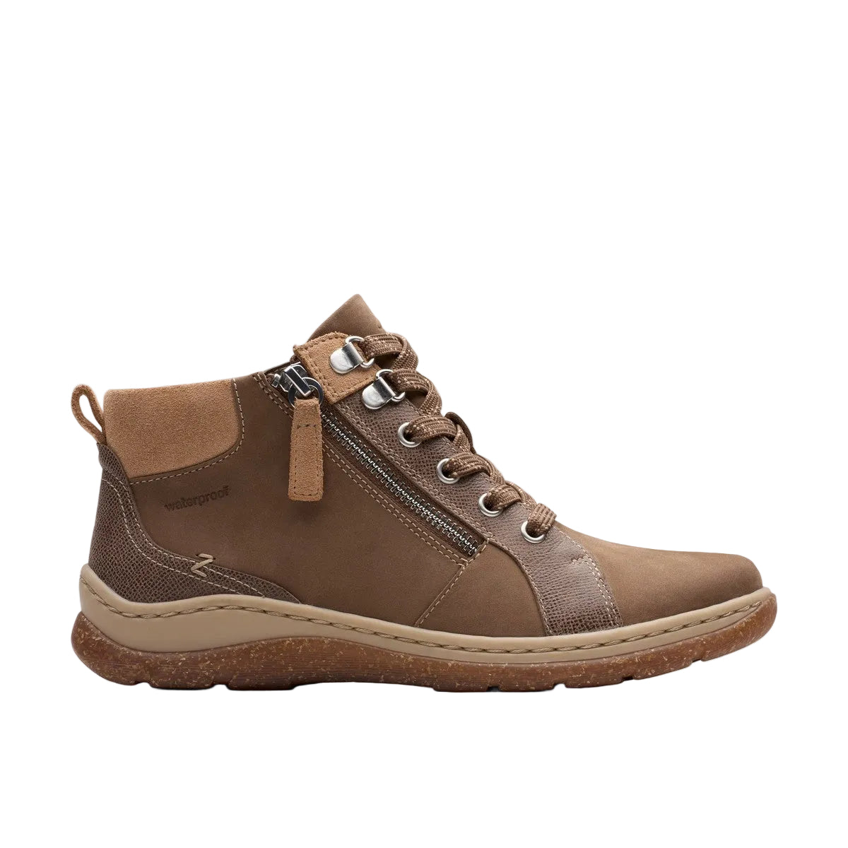 CLARKS Women's Orlene Top Waterproof Wide Sand nubuck boot, cushioned footbed, angled side view.