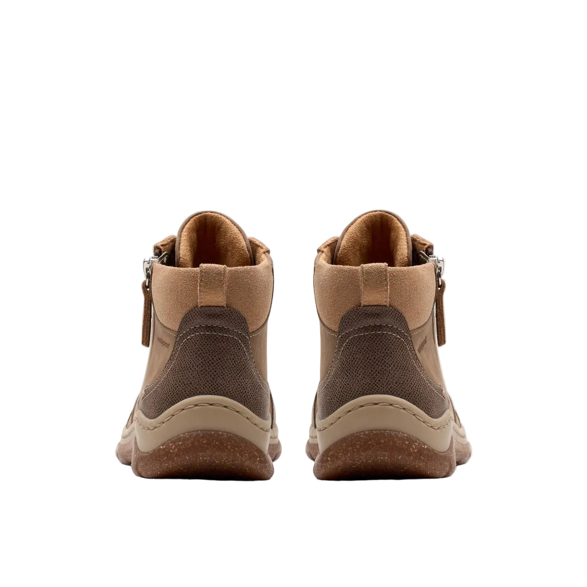 CLARKS Women's Orlene Top Waterproof Wide Sand boot, side stitch detail and inside zip, rear view.