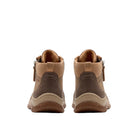 CLARKS Women's Orlene Top Waterproof Wide Sand boot, side stitch detail and inside zip, rear view.