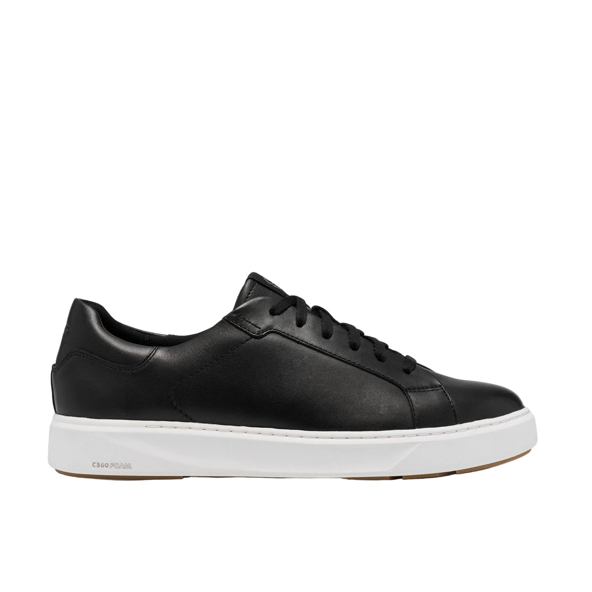 CLARKS Men's Code C Lace Wide Black Leather shoe, soft leather upper and C360 foam sole, angled view.