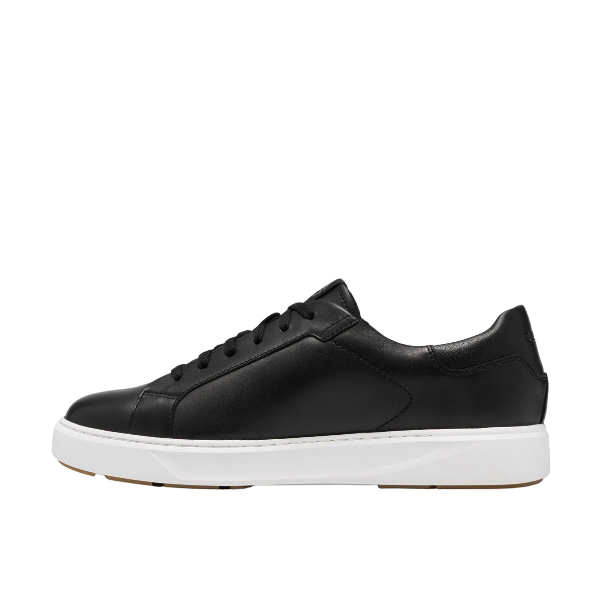 CLARKS Men's Code C Lace Wide Black Leather shoe, lace fastening and visible foam window, side profile.