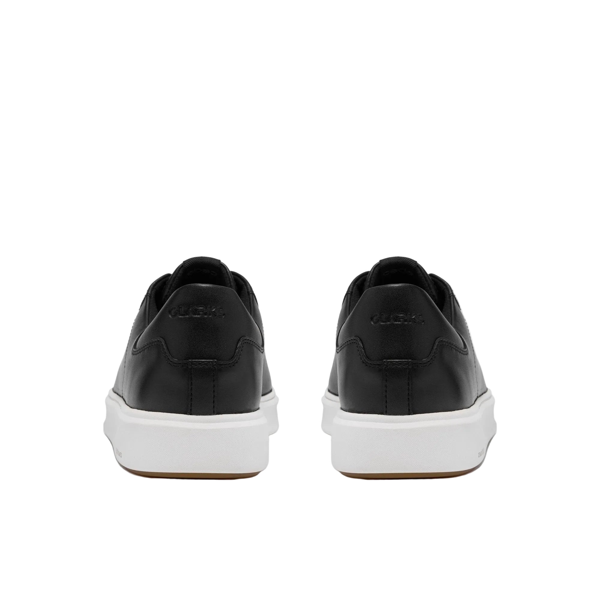 Rear view of the CLARKS Men's Code C Lace Wide Black Leather shoe, padded heel and leather counter.
