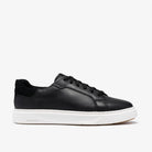 CLARKS Women's Code C Lace Wide Black Leather sneaker, premium leather upper with lace fastening, angled side view.