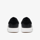 CLARKS Women's Code C Lace Wide Black Leather sneaker, cushioned wide-fit lace-up trainer, rear heel view.