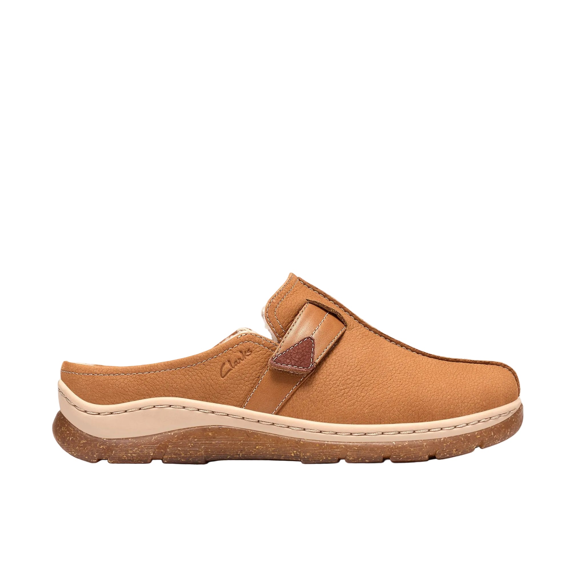 CLARKS Women's Orlene Clog Wide Tan Leather slip-on, warm-lined tan leather upper, angled side view.