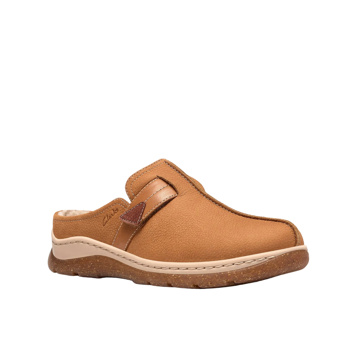 Outsole of the CLARKS Women's Orlene Clog Tan Leather, rice-husk-flecked two-layer TPR tread.