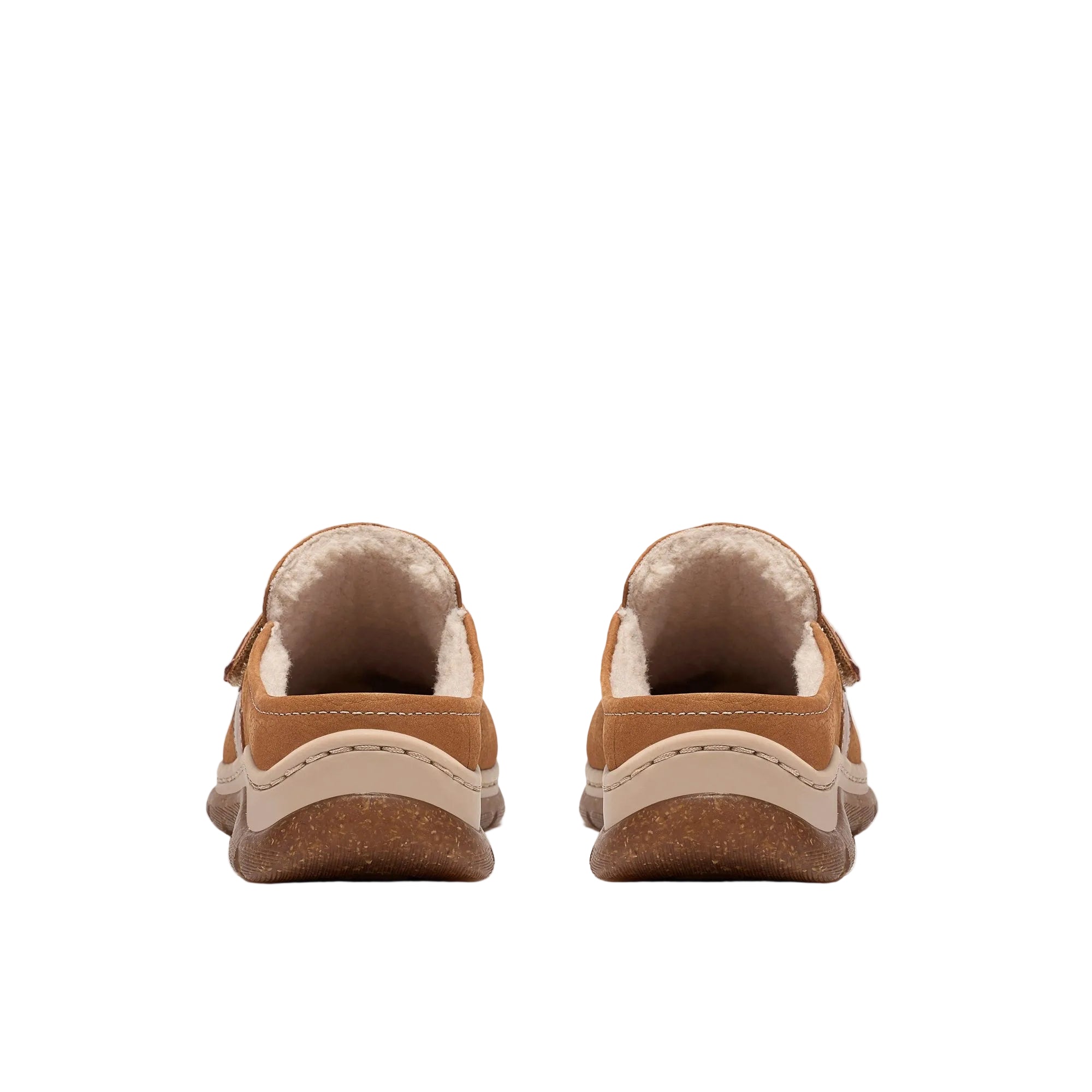 Rear view of the CLARKS Women's Orlene Clog Tan Leather slip-on, open back and tonal leather trim.