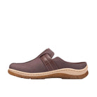 CLARKS Women's Orlene Clog Wide Plum Leather clog, side-stitch detail and TPR sole, side profile.
