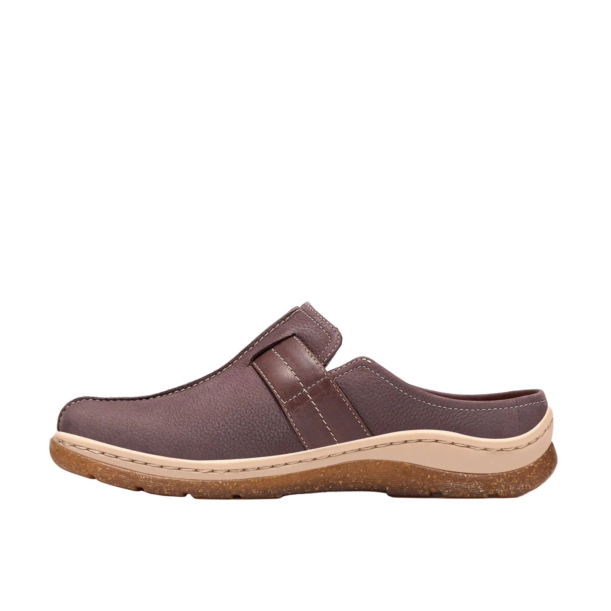 CLARKS Women's Orlene Clog Wide Plum Leather clog, side-stitch detail and TPR sole, side profile.