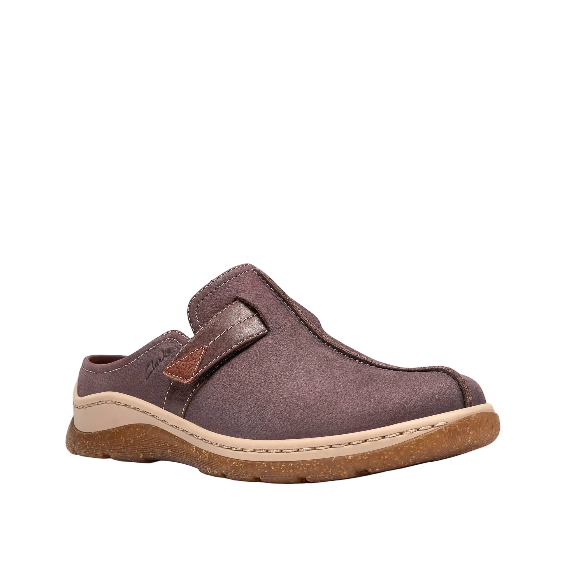 Outsole of the CLARKS Women's Orlene Clog Plum Leather, rice-husk-flecked two-layer TPR tread.