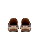 Rear view of the CLARKS Women's Orlene Clog Plum Leather slip-on, open back and tonal leather trim.