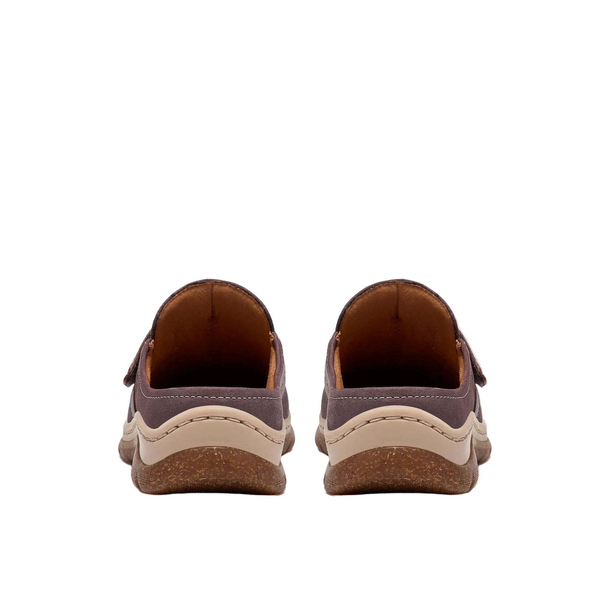 Rear view of the CLARKS Women's Orlene Clog Plum Leather slip-on, open back and tonal leather trim.