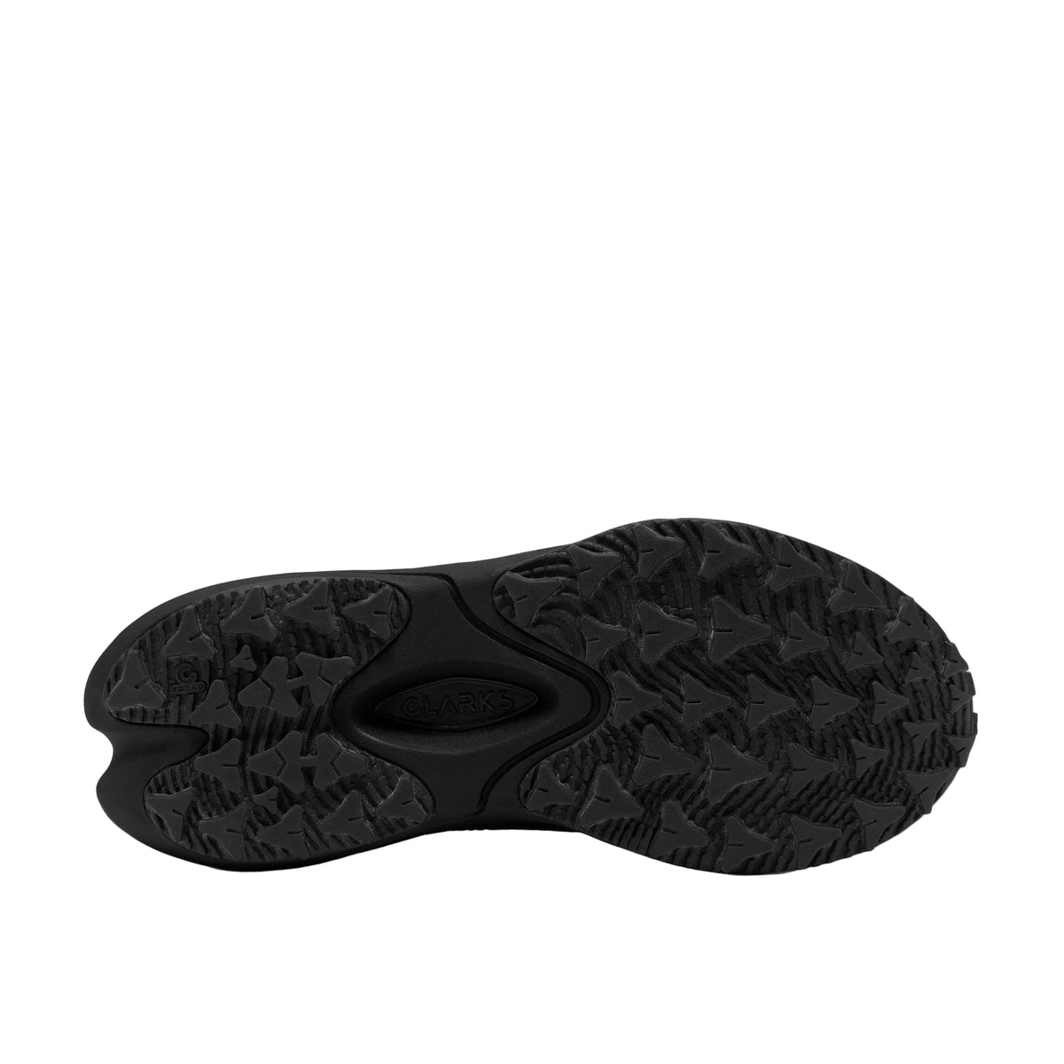 CLARKS Women's Pace Trail Go Waterproof Wide Black/Black shoe from above, laces and toe cap.