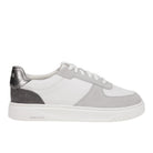 CLARKS Women's Code C Court Wide Grey Combi sneaker, leather and suede upper with white sole, angled side view.