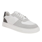 CLARKS Women's Code C Court Wide Grey Combi lace-up sneaker, perforated leather upper, side profile view.