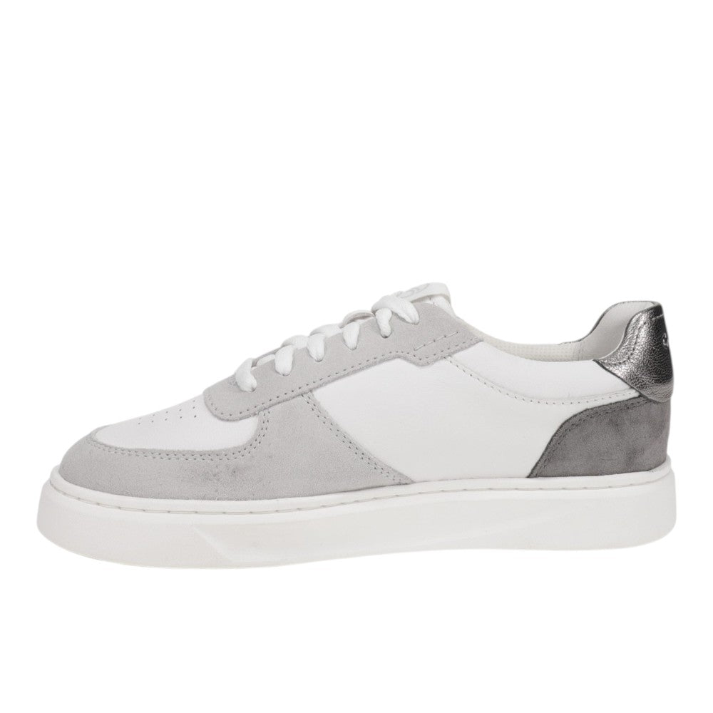Top view of the CLARKS Women's Code C Court Wide Grey Combi sneaker showing lace fastening and padded collar.