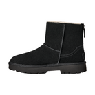 The UGG Women's Marais Zip Up Black features black suede, visible stitching, a flat rubber sole, back zipper, and plush sheepskin lining for comfort. Displayed on a white background.