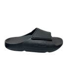 The Sovella Mens PF Velcro Slide Black features a textured footbed, adjustable strap with SOVELLA branding, and excellent arch support for comfort recovery. Shown in profile on a plain background.