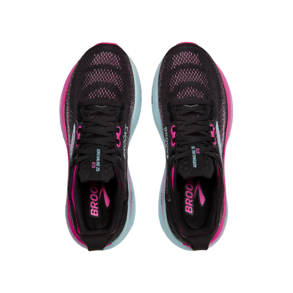 The BROOKS Women's Adrenaline GTS 25 Black/Pink running shoes feature a breathable mesh upper, light blue soles, and provide excellent support for plantar fasciitis. Viewed from above, they showcase black with pink accents.
