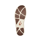 The sole of the OLUKAI Men's Nohea Moku Sneaker Grey features a unique brown and cream pattern with wavy, abstract shapes and a curved logo at the center.