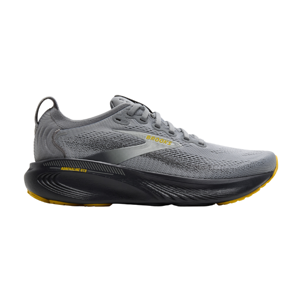 The BROOKS Men's Adrenaline GTS 25 Wide Grey is a supportive men's running shoe with a mesh upper and cushioned sole, designed for comfort and ideal for runners seeking relief from plantar fasciitis.