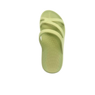 The Sovella Womens PF Green Slide by SOVELLA is a light green recovery sandal with arch support, a textured sole, and three diagonal straps, shown on a white background.