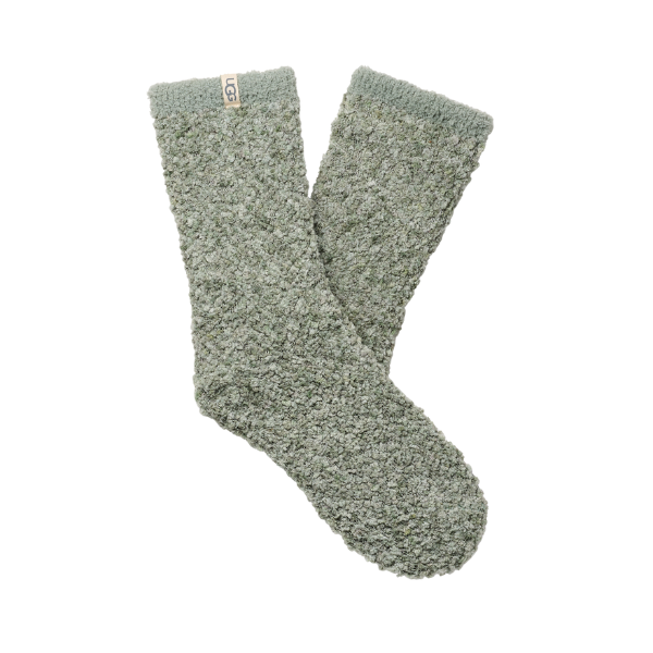A pair of UGG Women's Cozy Chenille Socks in Grey Mist, featuring a fuzzy texture and small beige UGG label on one sock, displayed on a white background.