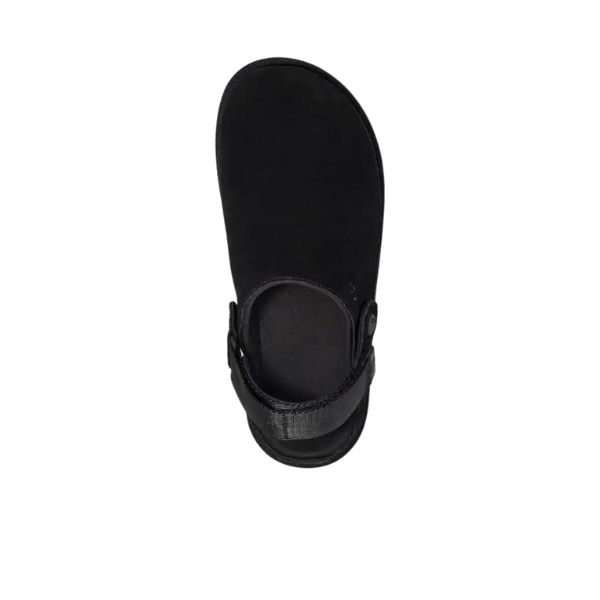 Top view of the UGG Womens Goldenstar Clog Black sandal, featuring a toe loop and Wide ankle strap, by UGG, displayed against a white background.