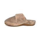 AETREX Women's Mandy Coffee slipper, soft brown plush upper and rubber outsole, inner side profile view.