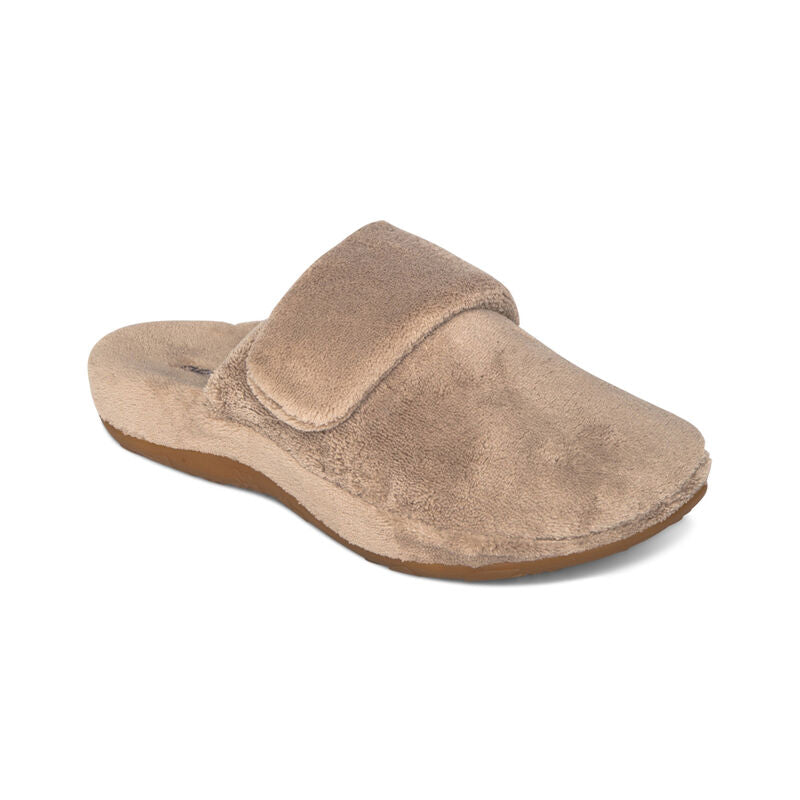 A pair of AETREX Women's Mandy Coffee closed-toe slippers with hook-and-loop straps and cushioned arch support.