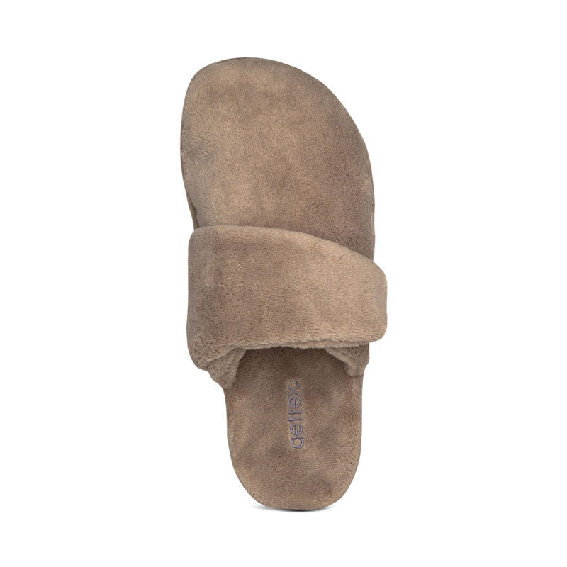 Top view of the AETREX Women's Mandy Coffee slipper showing the memory foam footbed and arch support contour.