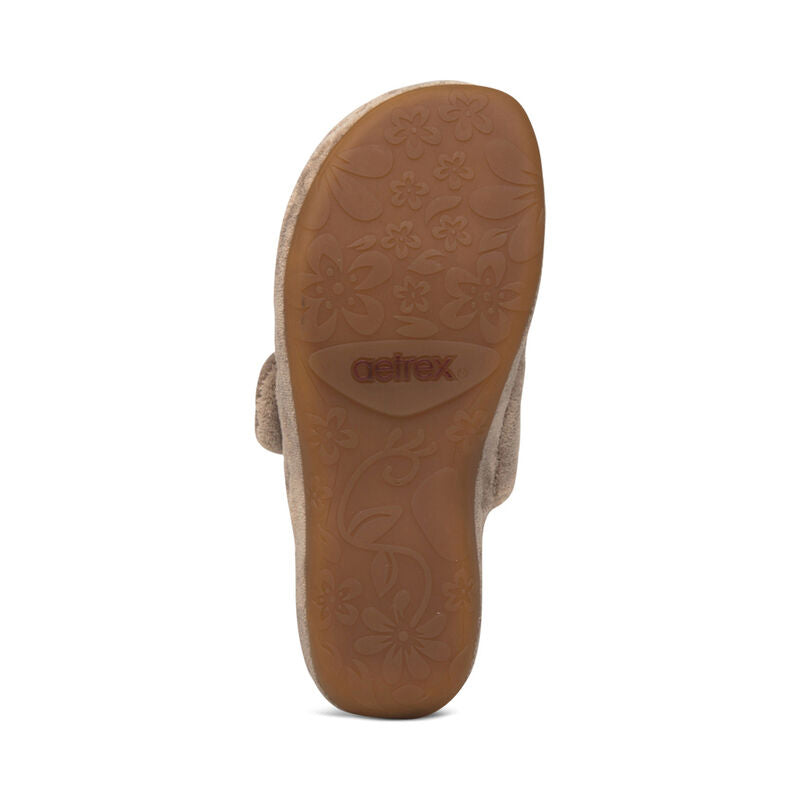 Outsole view of the AETREX Women's Mandy Coffee slipper, lightweight rubber tread for indoor and outdoor grip.