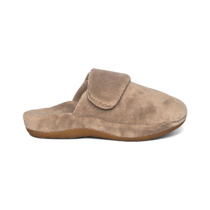 AETREX Women's Mandy Coffee closed-toe slipper, plush terry upper with adjustable strap, arch support, side view.