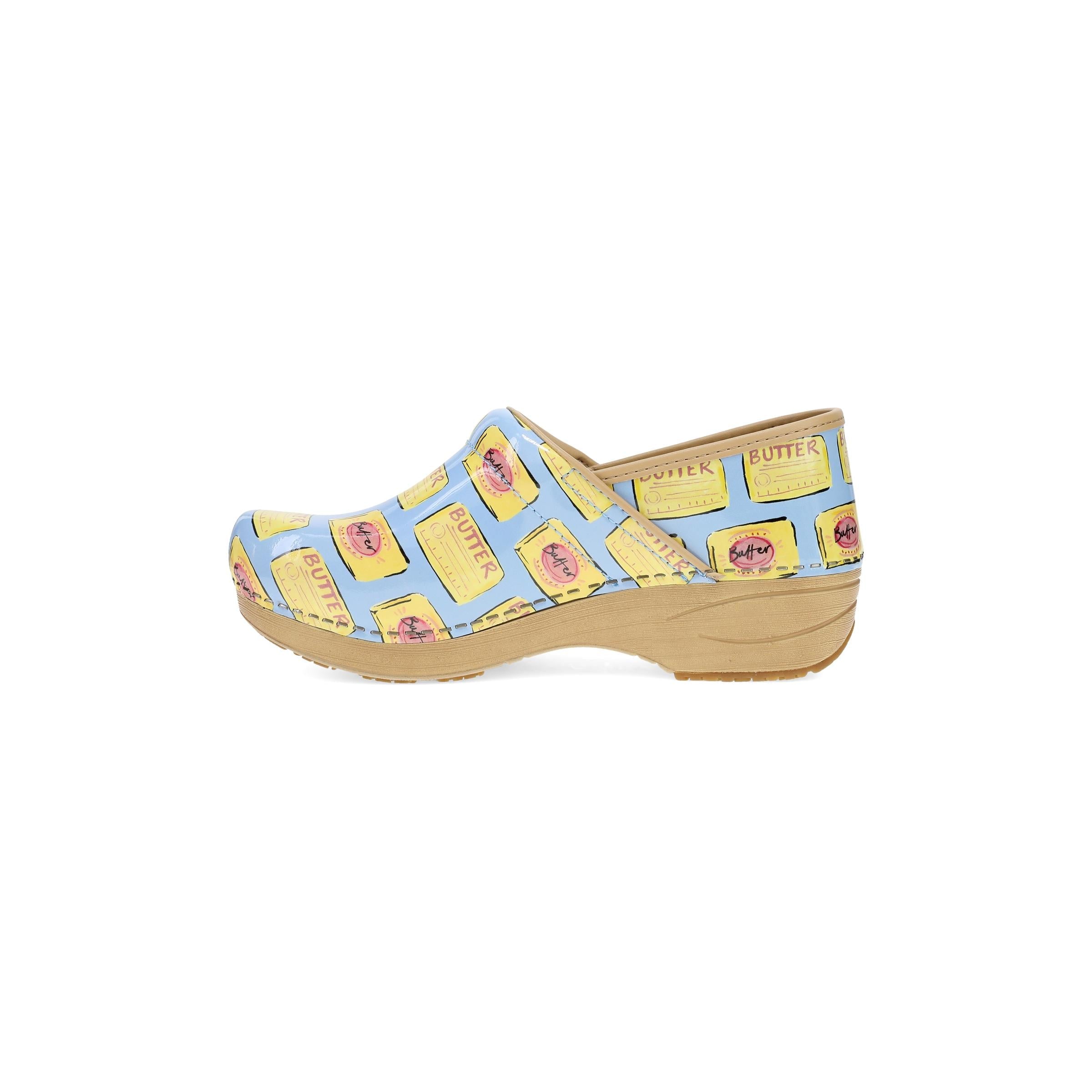 DANSKO Women's XP 2.0 Butter Patent clog, patent upper and rocker sole, side profile view.
