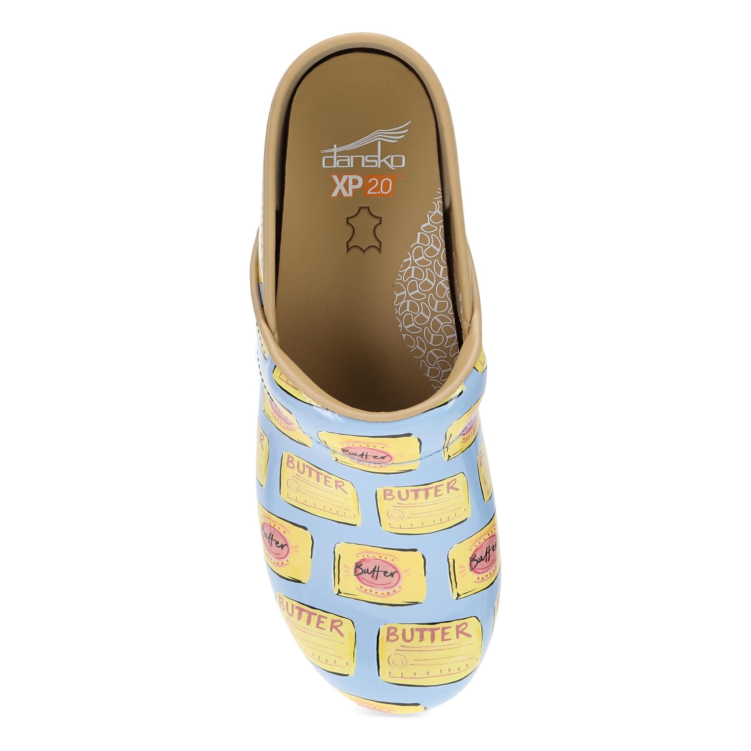 DANSKO Women's XP 2.0 Butter Patent clog from above, roomy toe box and padded instep collar.