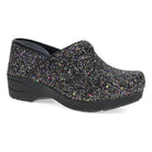 DANSKO Women's XP 2.0 Clog Black Glitter, glittered patent upper with arch support footbed, angled side view.