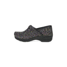DANSKO Women's XP 2.0 Clog Black Glitter, black glitter upper and stapled rubber outsole, side profile view.