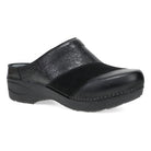 DANSKO Women's Zinnia Clog Black open-back mule, tooled black leather upper, angled side view.
