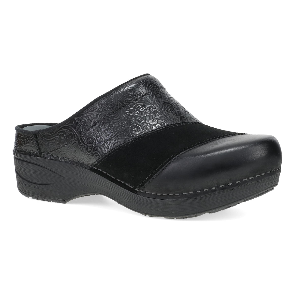 DANSKO Women's Zinnia Clog Black open-back mule, tooled black leather upper, angled side view.