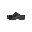 DANSKO Women's Zinnia Clog Black mule, hand-burnished leather and stapled sole, side profile.