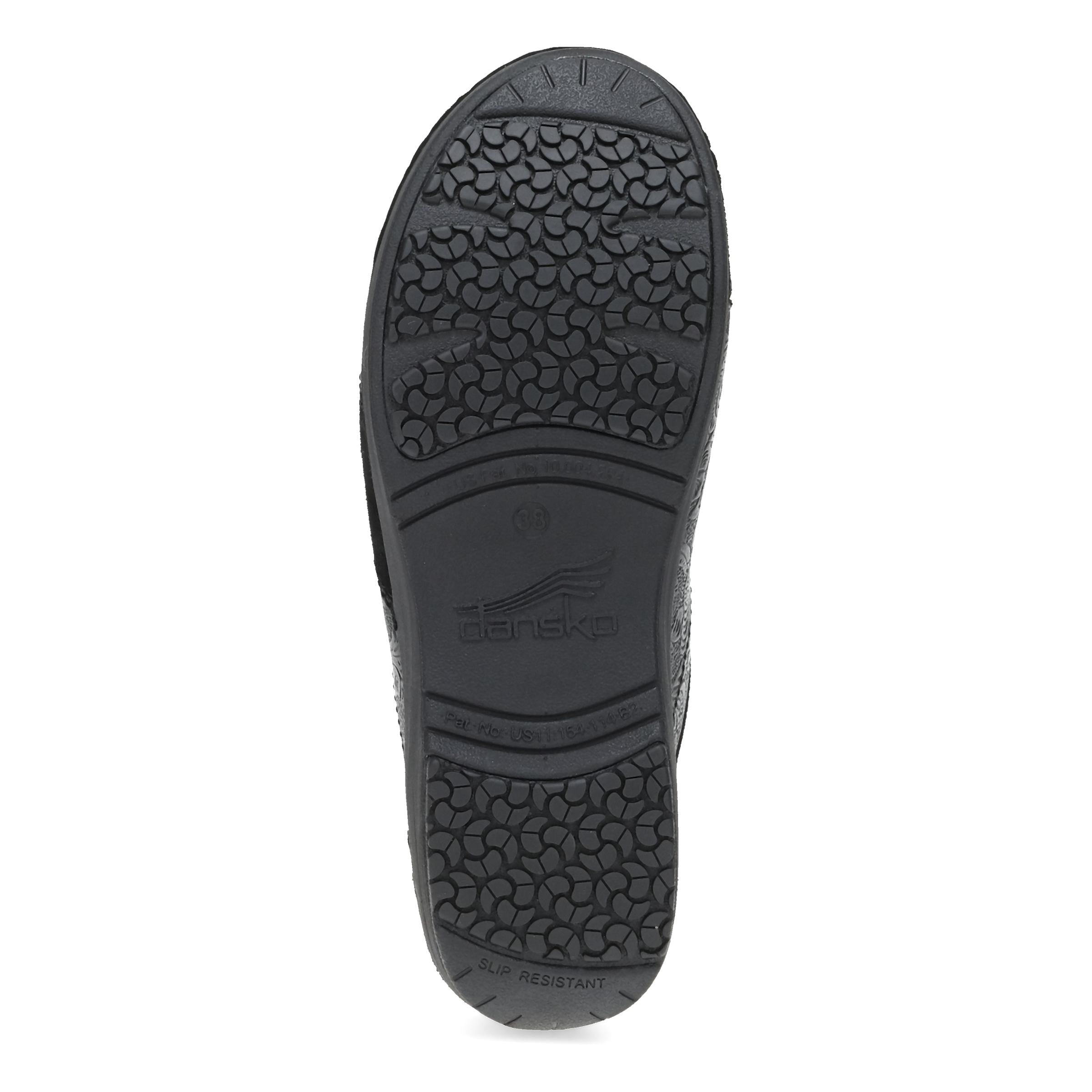 Outsole of the DANSKO Women's Zinnia Clog Black, patented slip-resistant rubber tread.