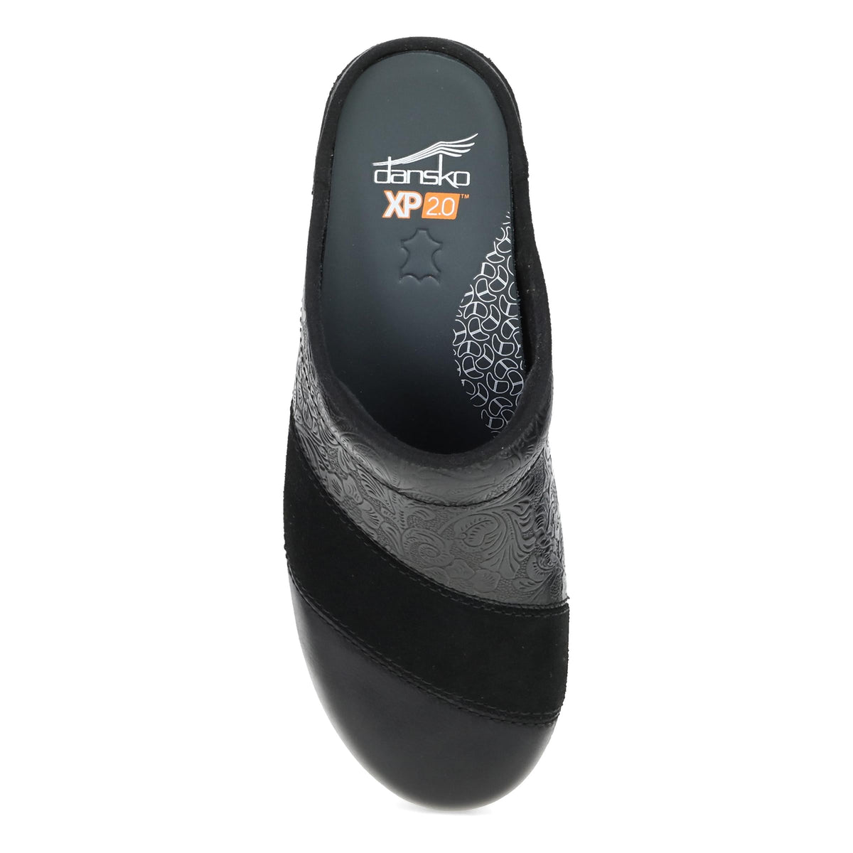 DANSKO Women's Zinnia Clog Black from above, roomy toe box and padded instep collar.