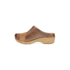 DANSKO Women's Zinnia Clog Tan Multi mule, suede and burnished leather panels, side profile.