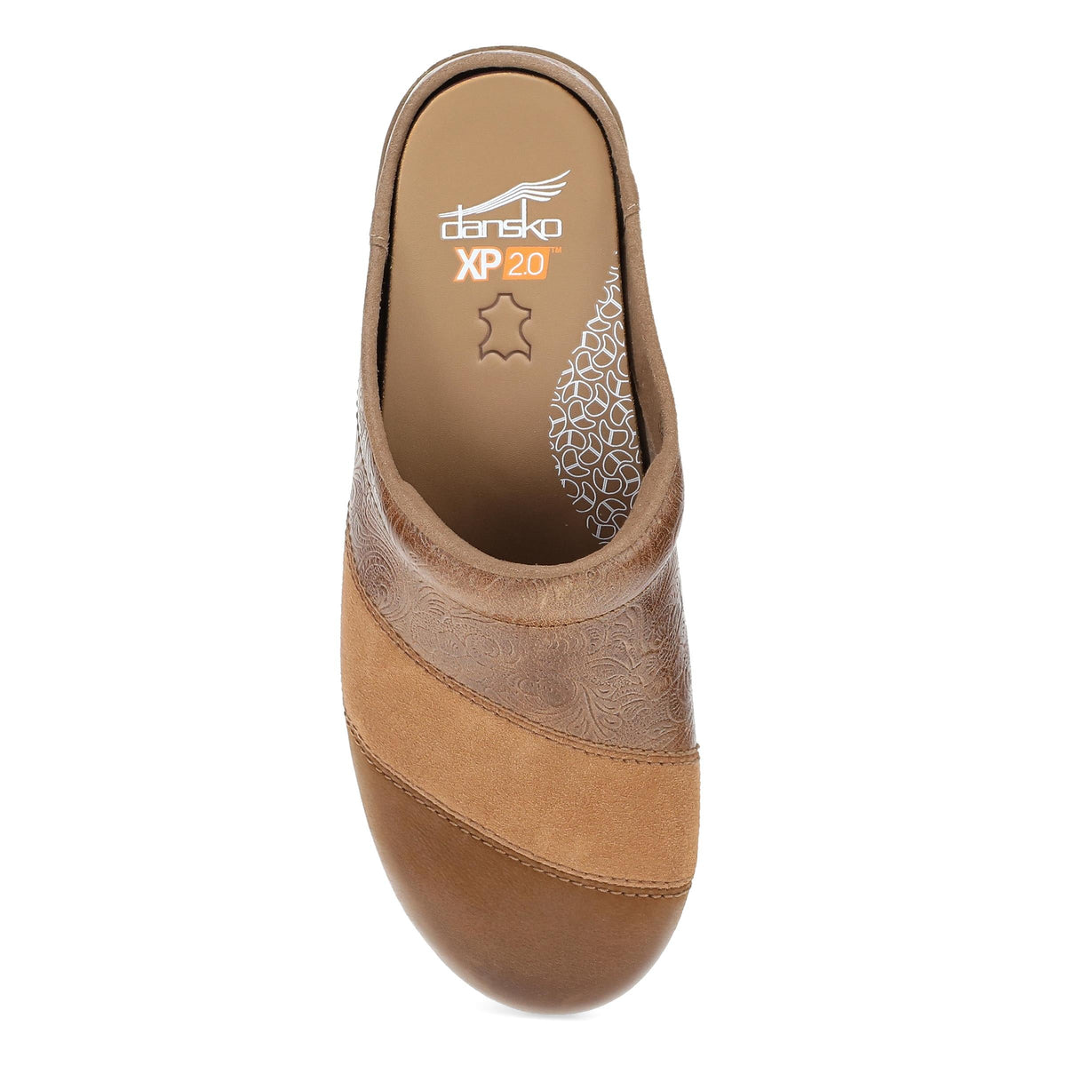 DANSKO Women's Zinnia Clog Tan Multi from above, roomy toe box and padded instep collar.