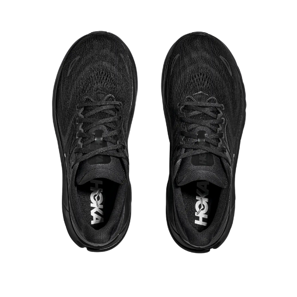 Top view of HOKA Men's Arahi 8 Wide Black/Black stability running shoes with laces on a white background.
