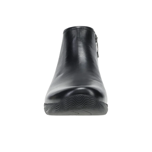 Front view of the Dansko Women's Sherry Black bootie by DANSKO, featuring a side zipper, on a white background.
