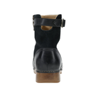 Rear view of the DANSKO Women's Monique Black bootie with a wooden heel, ankle strap, and metal buckle.