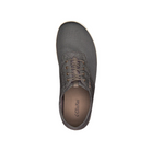 Top view of an OLUKAI Men's Nohea Moku Sneaker in grey with perforated material, brown laces, and “OluKai” logo on the insole, displayed against a white background.