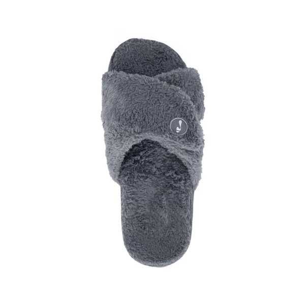 STRIVE Strive Women's Zoey Charcoal slippers feature cozy arch support, a crisscross strap, and logo detailing.