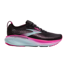 The Brooks Women's Adrenaline GTS 25 Black/Pink running shoe by BROOKS offers cushioned support ideal for plantar fasciitis, with stylish pink accents and the iconic logo on the side.